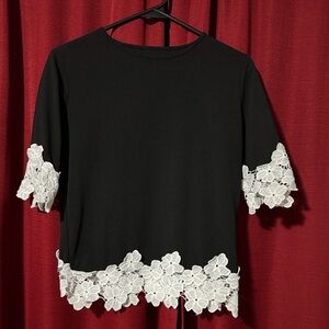 Elegant Black Top with White Lace Trim Small